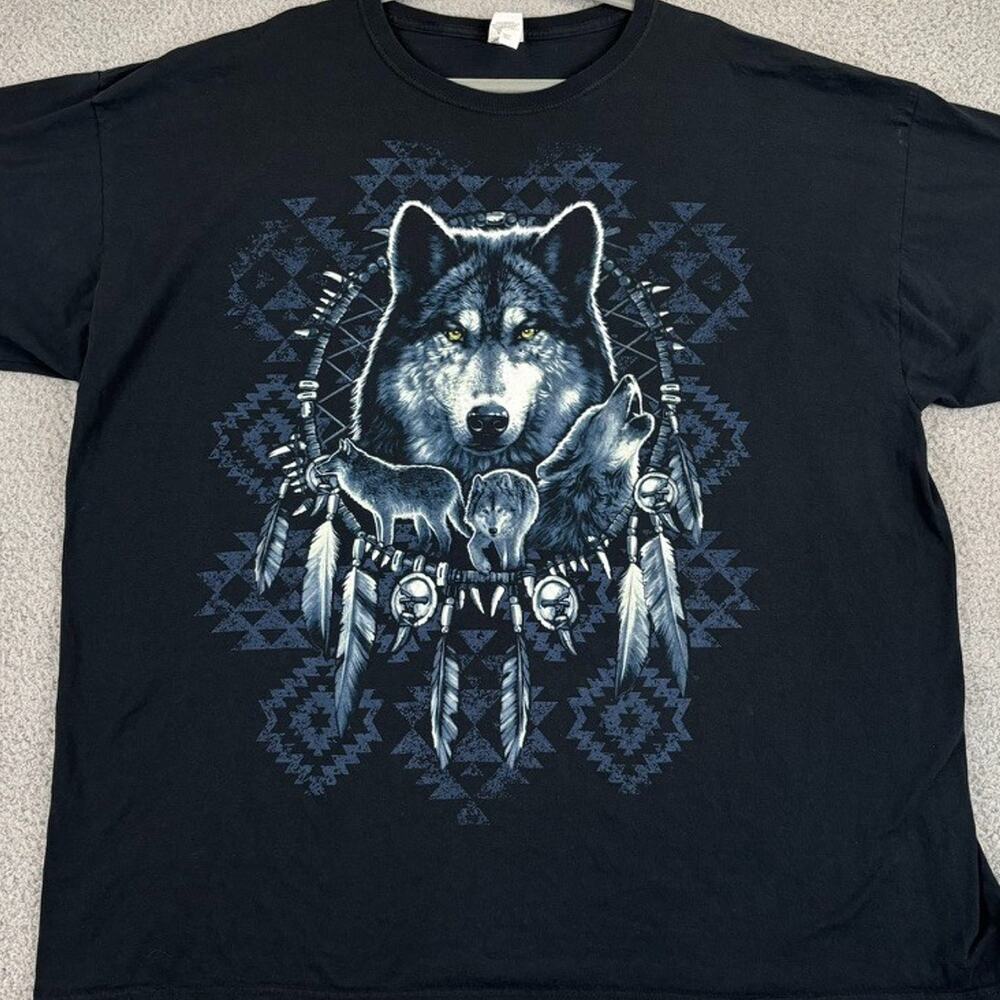 Y2k Wolf Print T-Shirt Mens 3X VTG Fruit Of the Loom Tribal Native Dreamcatcher